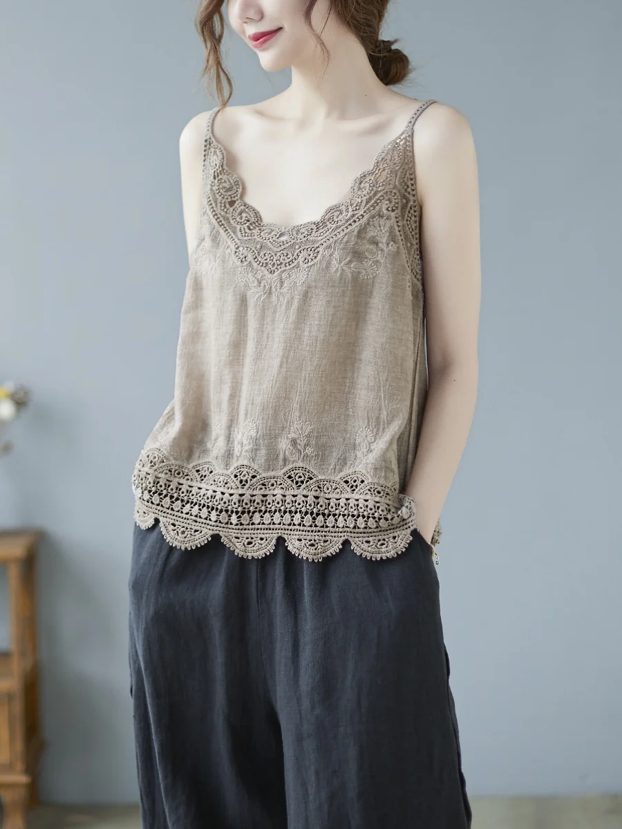 

Свободная кружевная хлопково-льняная майка для похудения, летняя модная женская одежда, жилет с лямками лесной системы и грушевое тело pe