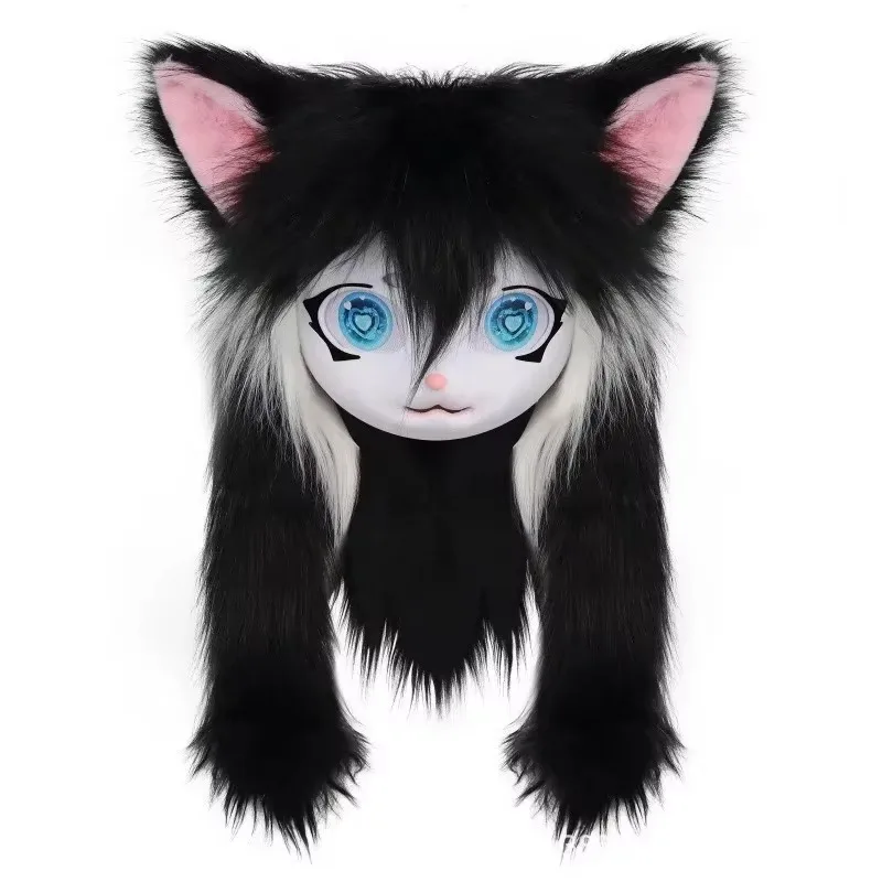 FallenVex Store Fursuit Head Mask Cute Furry Cat Animal Headbase Kig Cosplay Headgear for Comic Con Party Costume Accessory