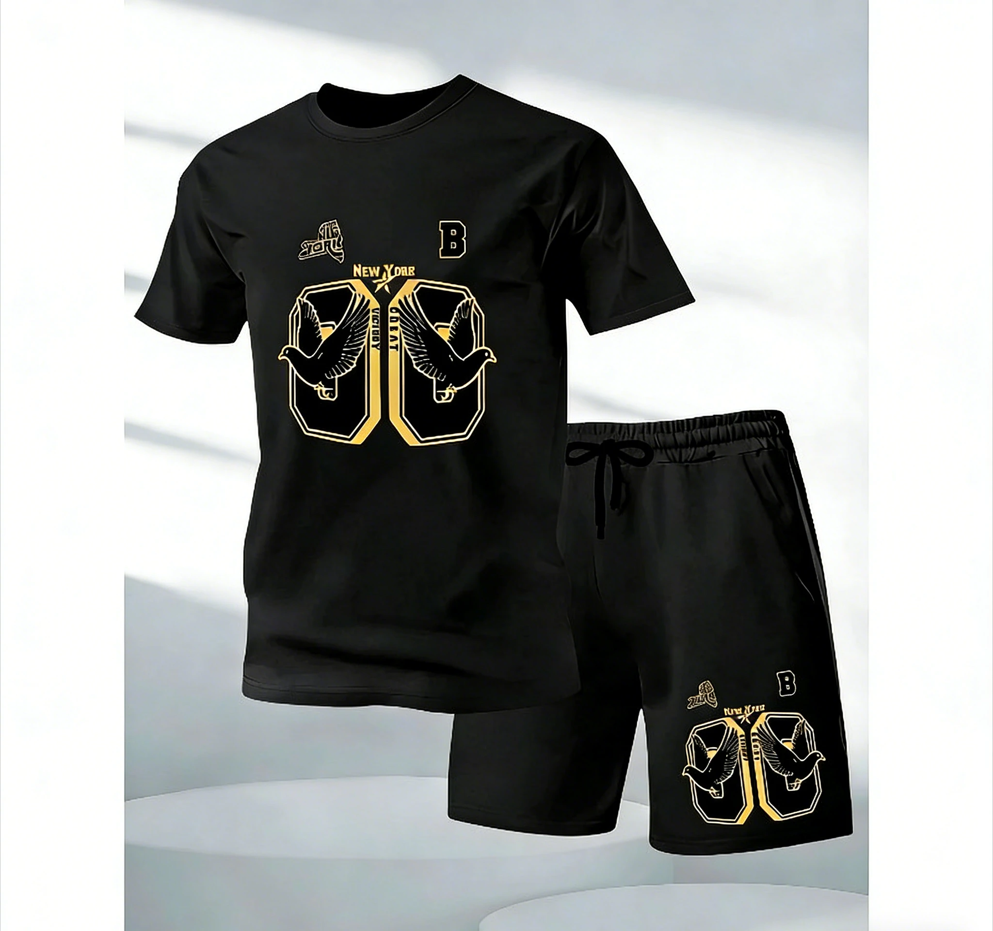 

Fashionable summer men's short sleeved T-shirt and shorts set casual round neck short sleeved shorts two-piece set