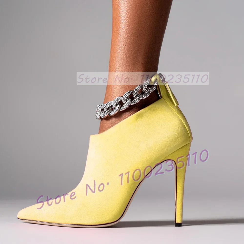 Pink Suede Crystal Chain Booties Women Trends Pointy Toe Metal Anklet Party Shoes Female Patchwork Back Zipper High Heels Boots view 5