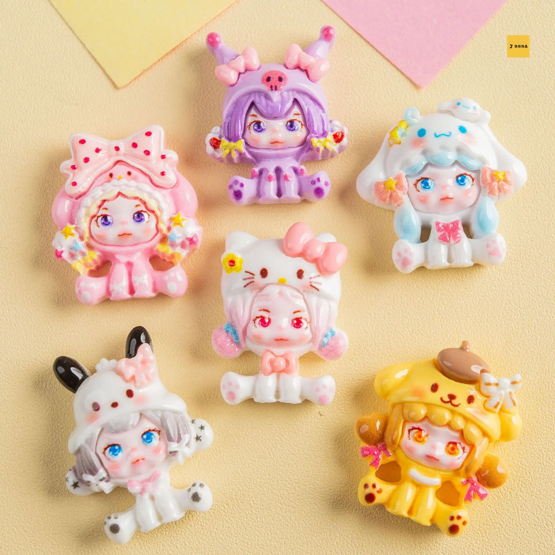 

5pcs miniso cute sanrio dress up girl cartoon resin flatback cabochons for diy jewelry making handmade crafts materials