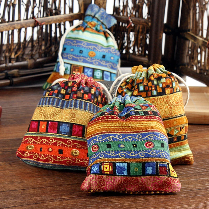 5pcs Stripe Tribal Tribe Drawstring Bags Xmas Jewelry Pouches Party Bag Bohemian Cotton Jewelry Bag Ethnic Gift