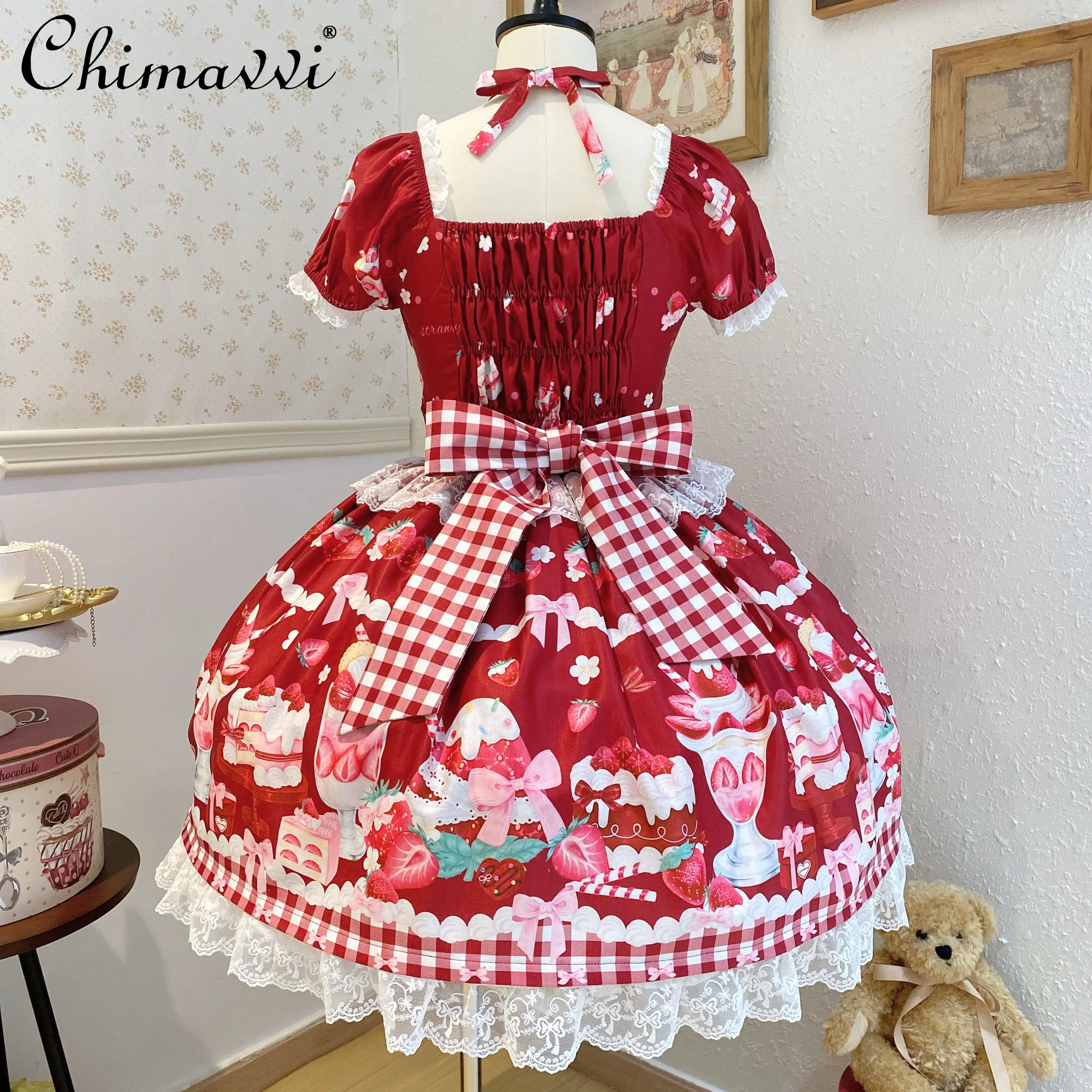 

Original Lolita Sweet Op Short Sleeve Dress Princess Style Cute Bow Cartoon Print High Waist Kawaii Lo Dresses Summer New