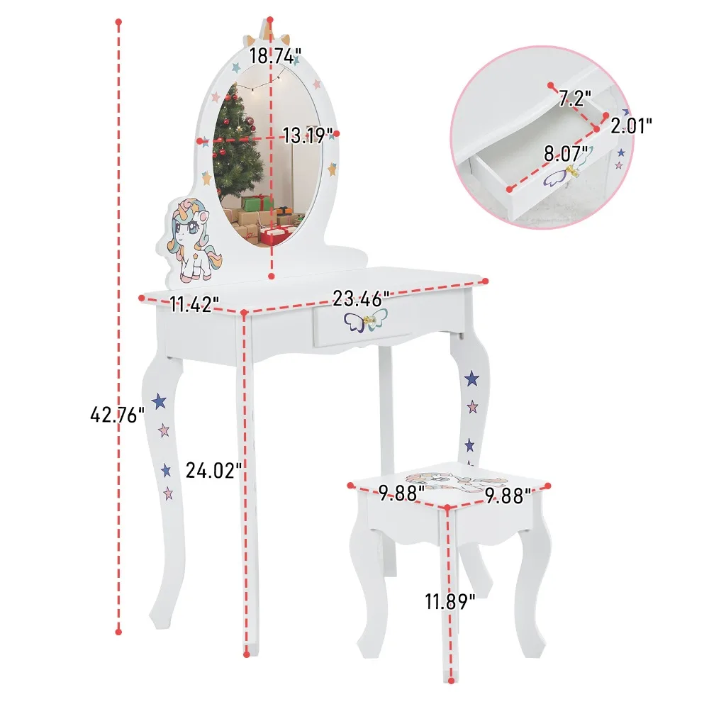 Ensemble Table et chaise de vanité pour enfants, vanité pour filles avec miroir, Design licorne mignon, coiffeuse de maquillage pour jeu de simulation, Table de princesse