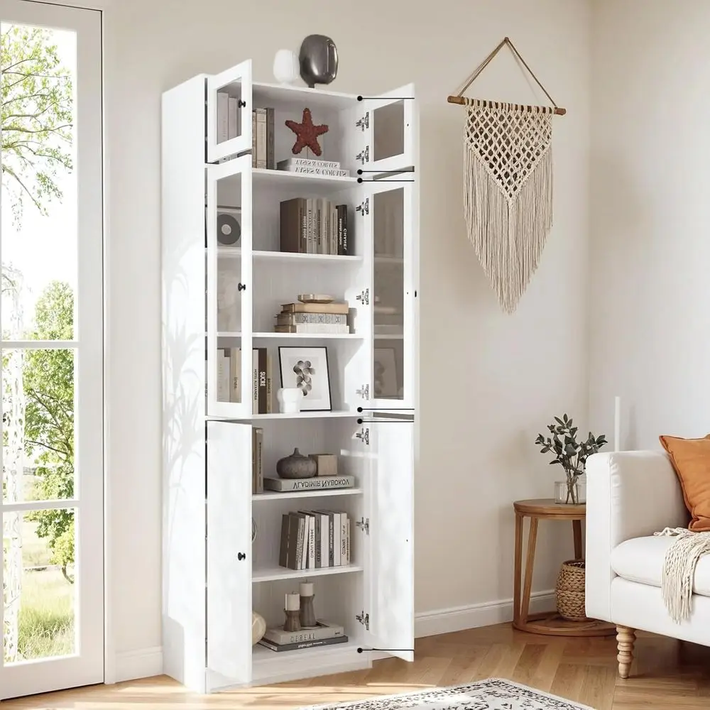 

7-Tier White Glass Door Bookshelf with Storage for Living Room or Office, DIY Large Bookcase