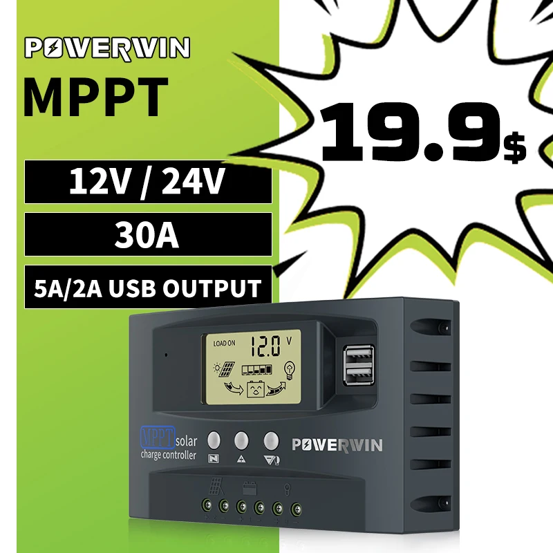 POWERWIN MT30 MPPT 30A Solar Controller 12V 24V Auto Solar Cell Panel Charger Regulator Dual USB LCD Display For Lifepo4 Battery