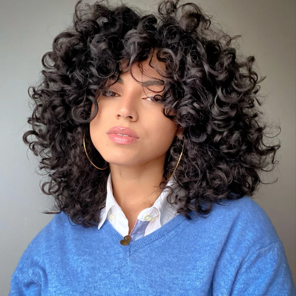 

250% Bouncy Curly Bob Human Hair Wigs Loose Bouncy Rose Curly Wigs With Bangs Brazilian Remy Hair Machine Made Wig for Women