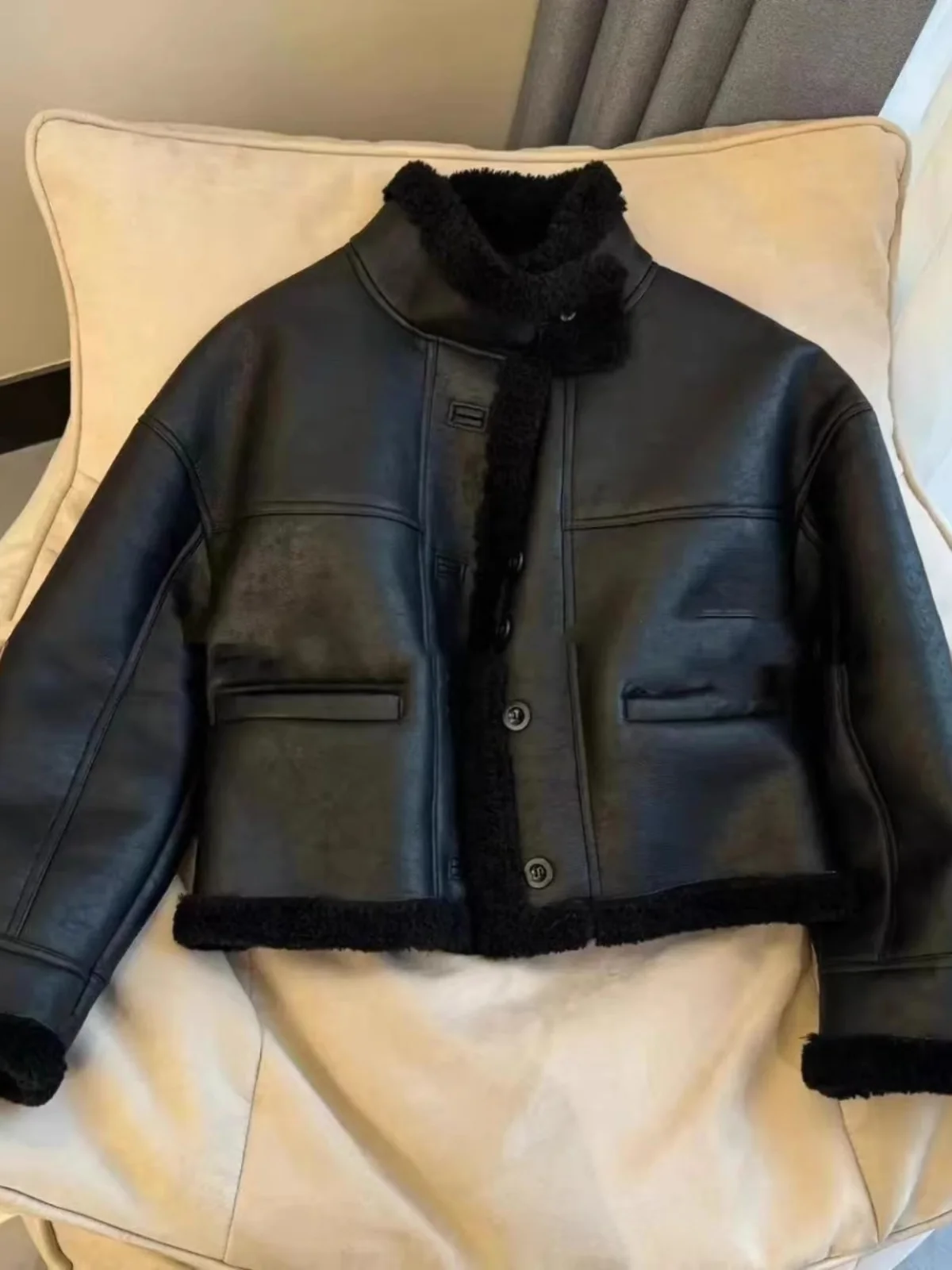 

Lamb Wool Jacket Long Coat Woman Women Checkered Fitting Fishing Safari Middle-Aged Sunproof Outside Drawstring Soft Reflective