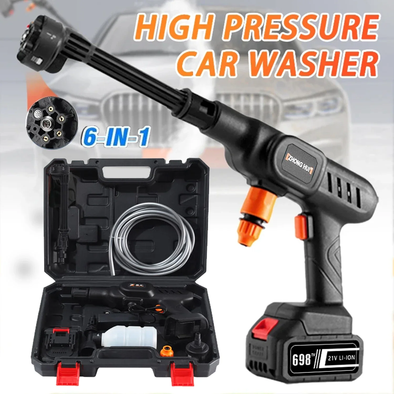 60bar Portable High Pressure Car Washer 6-In-1 Multifunctional Nozzle 30000mah Battery Wireless Car Wash Machine With Tool Box