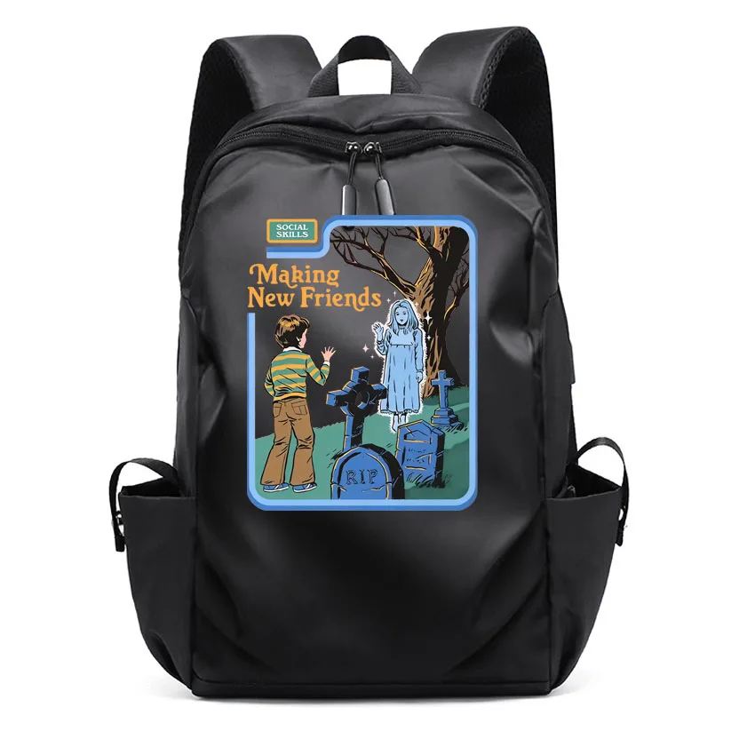Men Business Laptop Backpack USB Charger Port Waterproof School Bag Social Skills Making New Friends Printed Women Backpacks