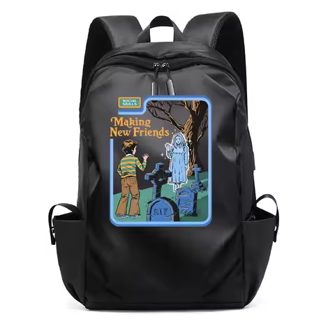 Men Business Laptop Backpack USB Charger Port Waterproof School Bag Social Skills Making New Friends Printed Women Backpacks