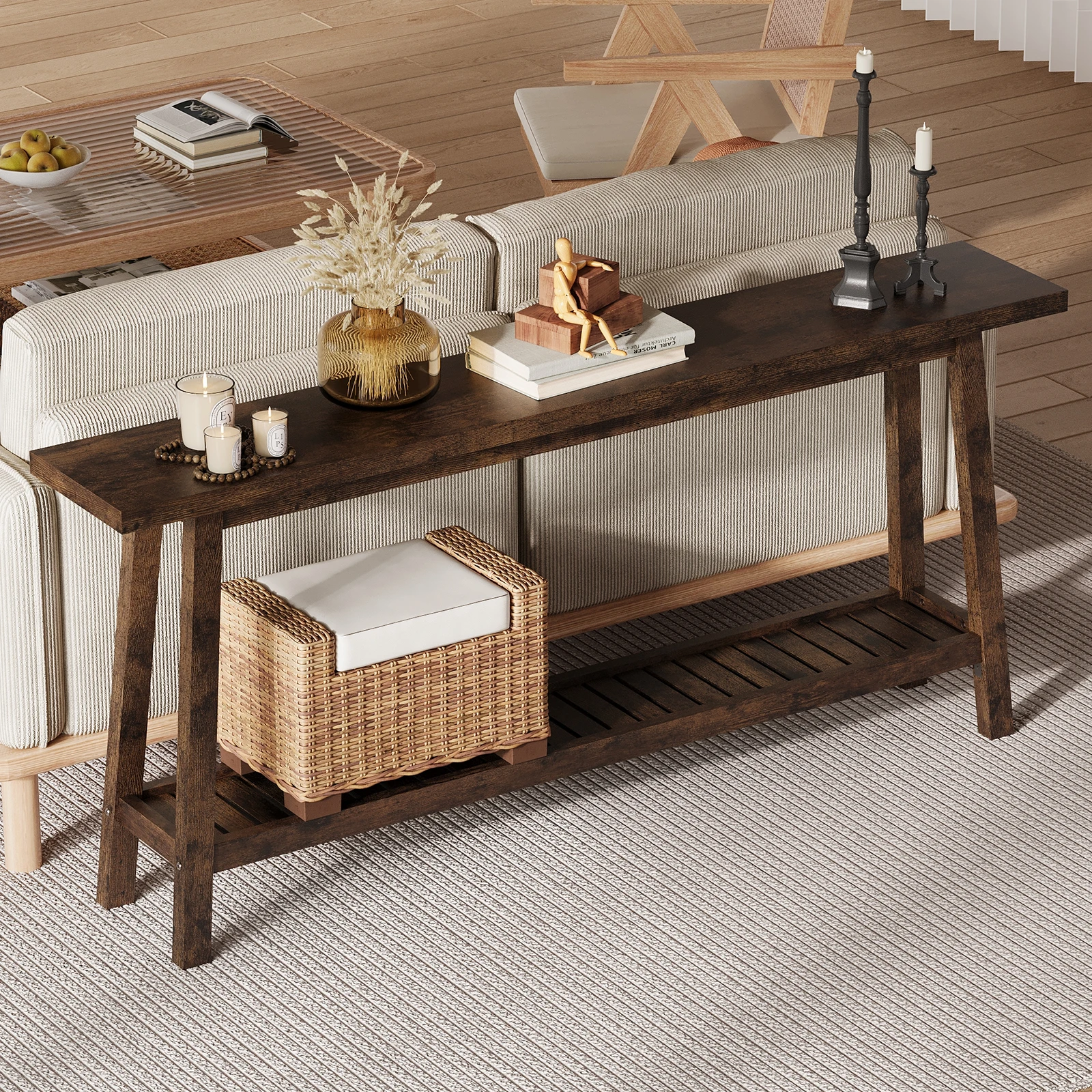 Rustic Wooden Console Table with Storage Shelf, Long Narrow Entryway Table, Farmhouse Sofa Table for Hallway, Living Room, Foyer
