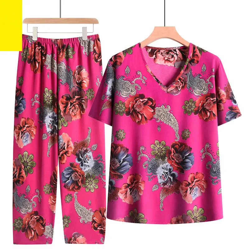 Women Pajama Set Vintage Printing Cotton Sleepwear Pyjamas Female Short Sleeve Trousers Sets Middle Aged Mother Home Suit 4XL