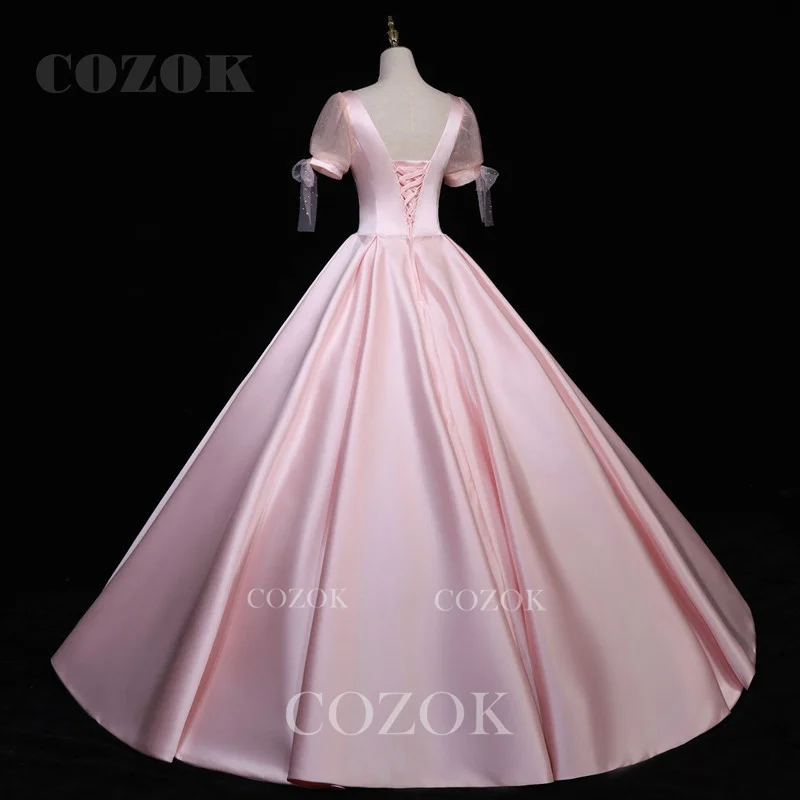 Satin Short Sleeve Simple Quinceanera Dresses Sweetheart Neck Floor Length Classic Button Ball Gown Custom ZY47