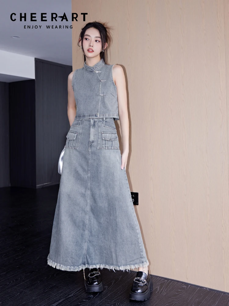 

CHEERART Vintage Fringe Denim Two Piece Sets Summer Outfits For Women 2023 Long Skirt And Sleeveless Top Jean Outfit