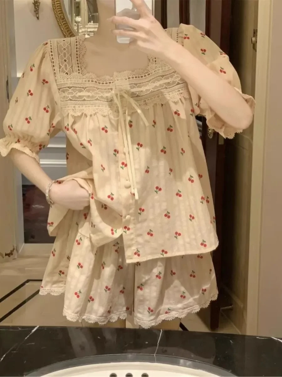 

Large Size 300 Pounds Sweet Cherry Sleepwear Set Women Summer Lace Short Sleeve T-Shirt Shorts Home Clothes Two Piece Set