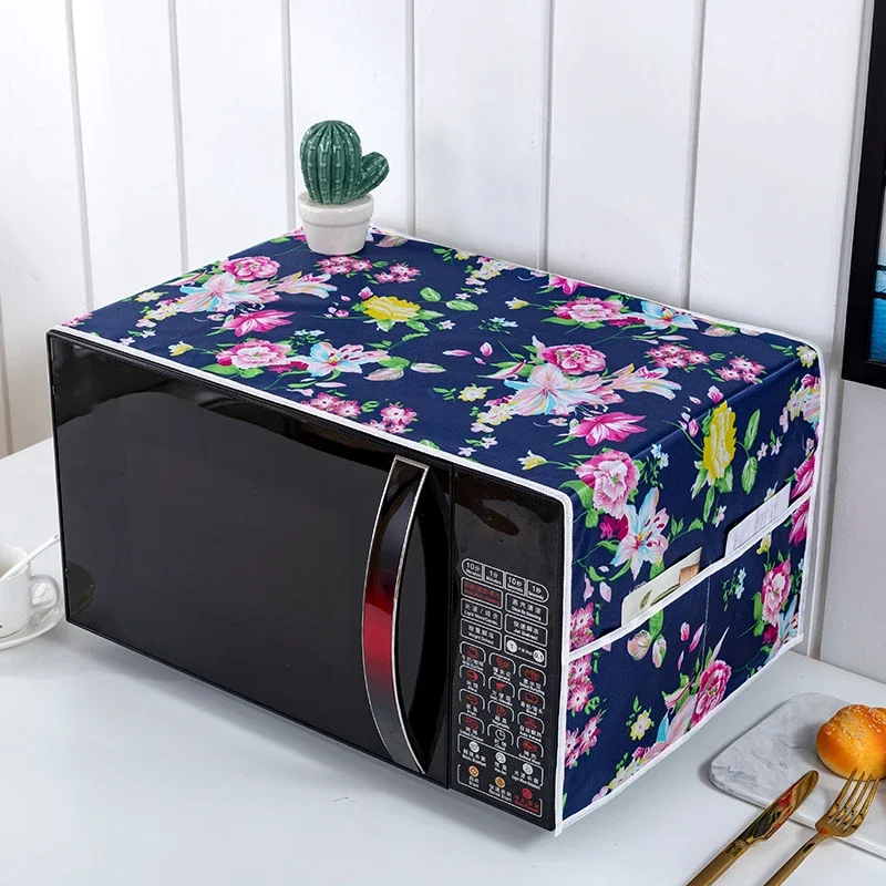 Microwave Oven Cover Printed Dust Cover With Storage Pocket Water Proof Electric Oven Satin Cloth Cover Towel Kitchen Decors