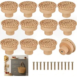 12pcs Bohemian Rattan Dresser Knobs, Round Wooden Drawer Knobs With Handmade Wicker Weave And Screws For Furniture, Cabinets, Dr