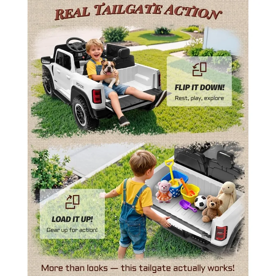 รถยนต์ไฟฟ้า 2 ที่นั่งสำหรับเด็ก RAM 1500 RHO 24V ขับเคลื่อนด้วยแบตเตอรี่ พร้อมรีโมทคอนโทรล ของเล่นเด็กแบบขับขี่ได้ พร้อมไฟ LED และบลูทูธ