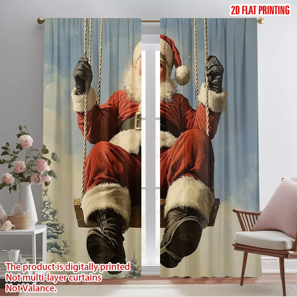 2pcs,2D plane printing Curtains Happy Santa Claus On Swing Versatile Durable Polyester (without rod) Gifts for Bedroom and