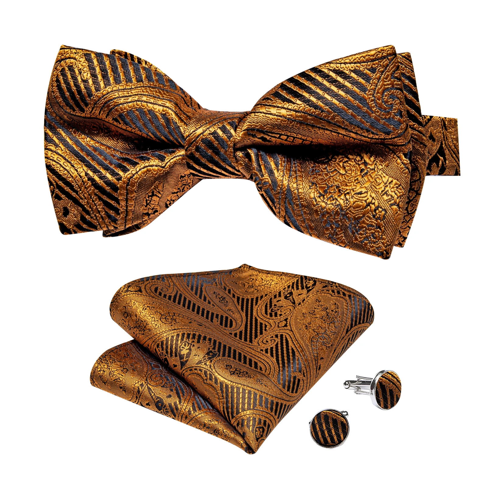 Klassisches schwarzes Herren-Fliege-Set mit Einstecktuch und Manschettenknöpfen – Paisley Gold Vorgebundene Fliege – Detail 33