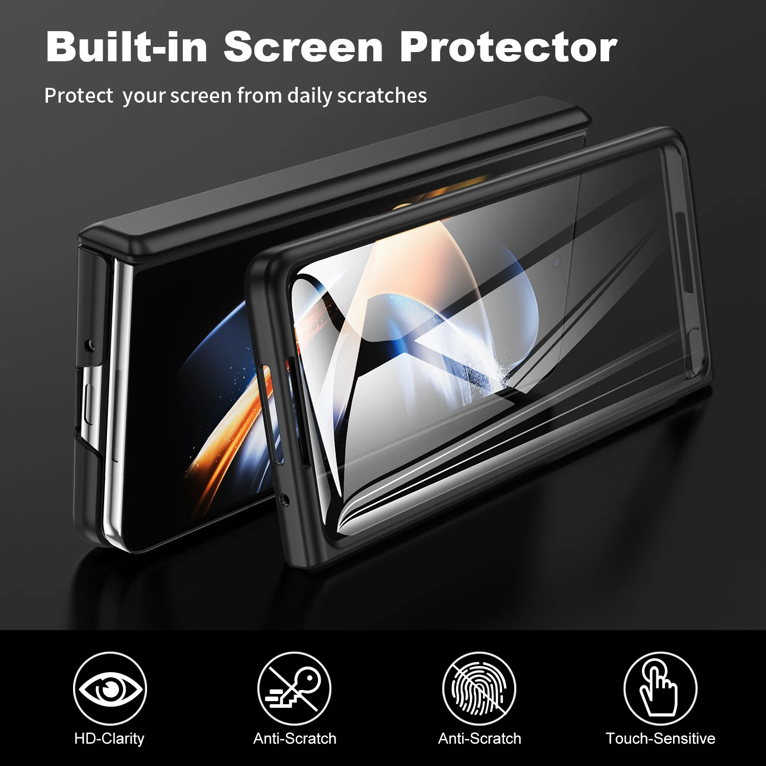 Povscae Phone Case for Samsung Galaxy Z Fold 4 5G Hinge Protective Hard PC Shockproof Cover Built-in Temper Screen Protector