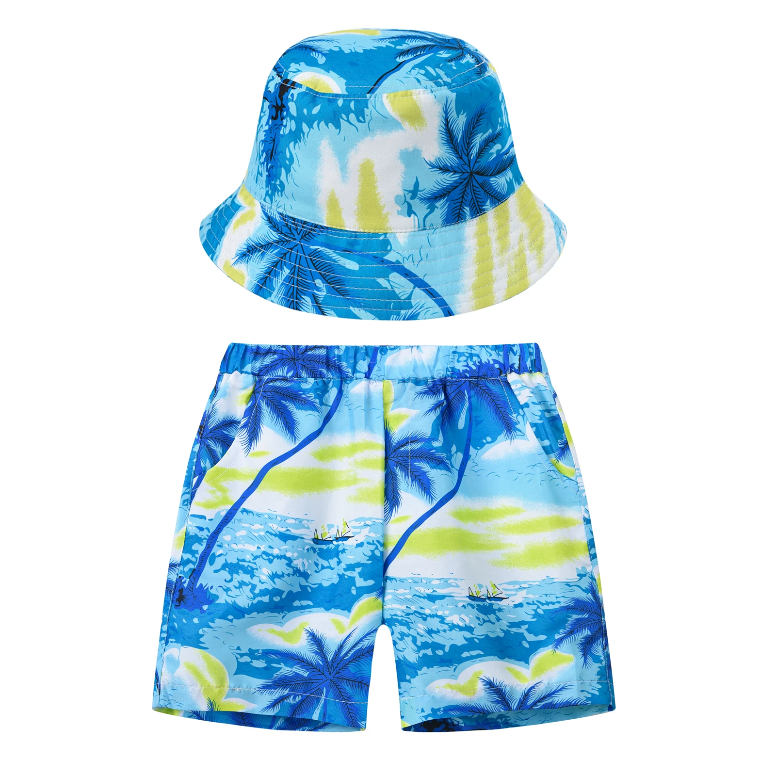 New suit for boys and girls, college children's beef tendon waist beach shorts+same color hat casual children's wear