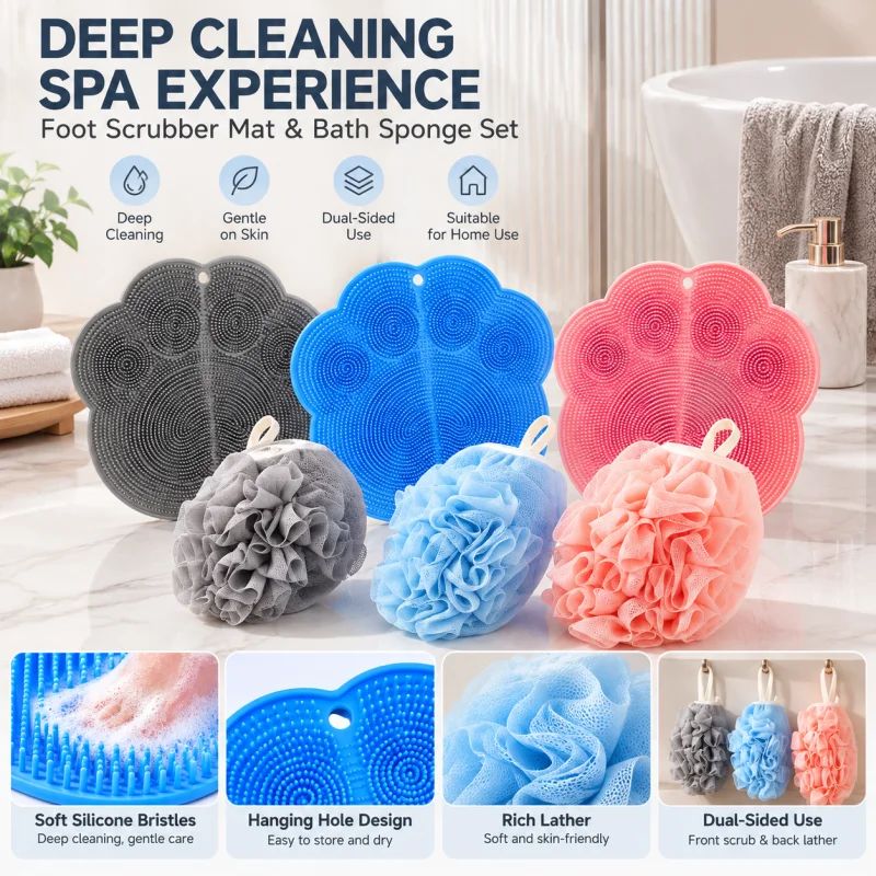 5Pcs Bathroom Massage Mats with Bath Scrubbing Gloves and Elegant Hooks, for Shower Foot Massage and Cleaning, Can Be Used for Foot Scrubbing, Back Scrubbing, and Come with a Hook for Hanging and Storage, Practical Bat