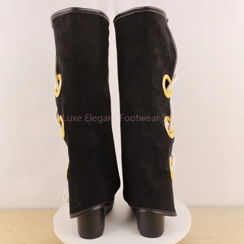 Black Metal Ring Cross Strap Wedges Long Boots Women Suede Pointed Lace Up Knee High Boots Luxury Fashion Party Ladies Shoes