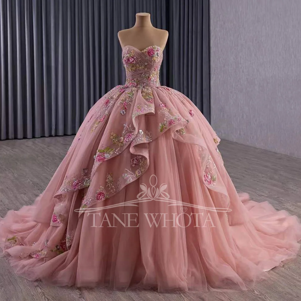 Pink Quinceañera Evening Gown With Lace-Up Back Detachable Jacket Sequined Embroidery Appliques Customizable Vestido