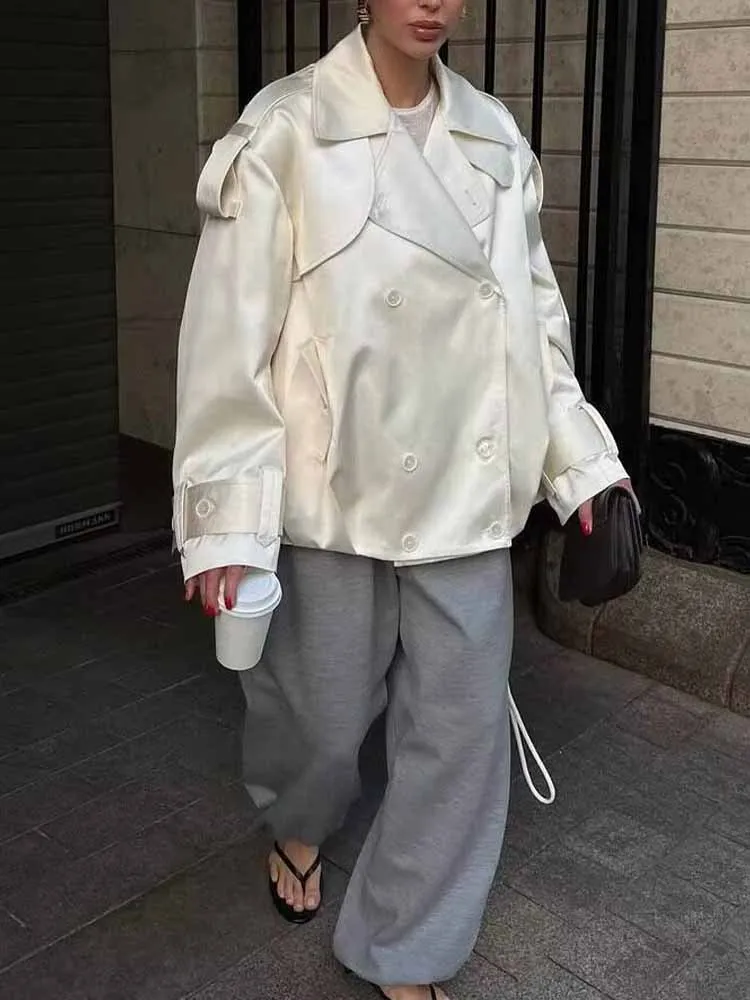 

European and American style new women's fashion versatile loose personality double-breasted casual short lapel trench coat