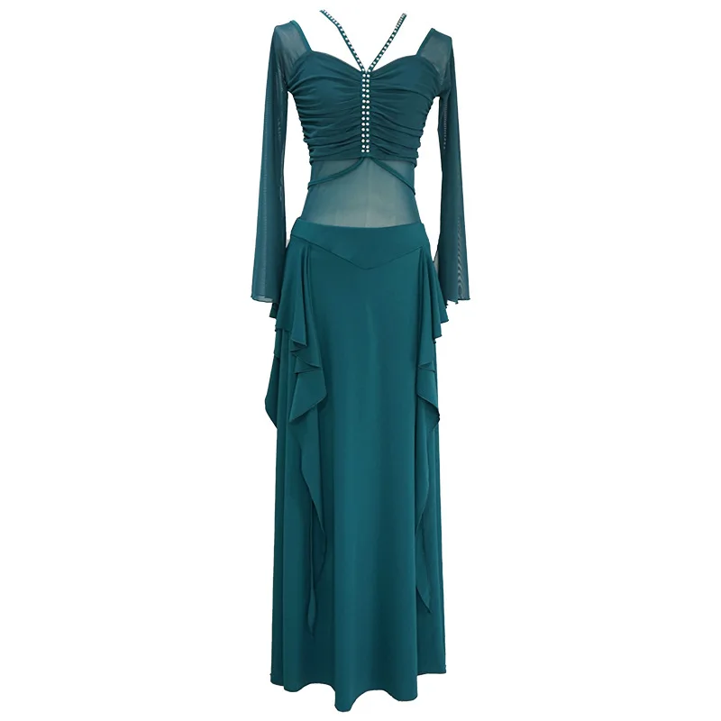 ชุดเต้นรำท้องมืออาชีพสำหรับผู้หญิง เสื้อแขนยาวผ้าตาข่าย + กระโปรงยาวผ่าข้างเซ็กซี่ ชุดเต้นรำท้องสำหรับสาวๆ