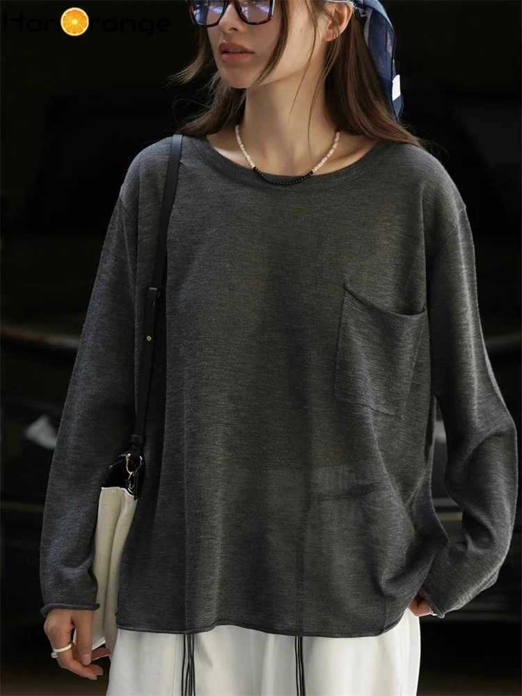 

HanOrange 2025 Early Autumn Lazy Relaxing O-Neck Knitted Sweater Women Silhouette Casual Knitting Top Grey/Purple