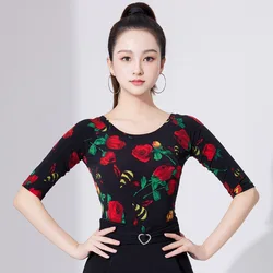 2025 Summer Modern Dance Top Print Latin Dance Tops National Standard Ballroom Clothes Practice Performance Dancing Dress Women
