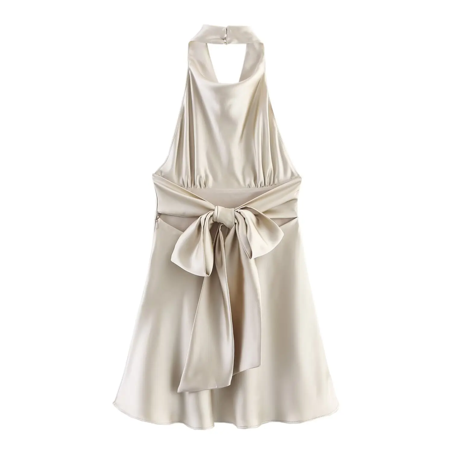 BSAY sleeveless hanging neck collar maid summer new style 2025 fashionable solid color bow tie silk texture dress