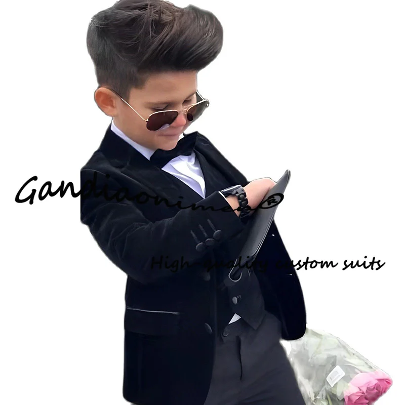 Black Velvet Suit for Boys Three-Piece Suit Jacket Vest Pants Bow Tie Wedding Tuxedo Casual Clothes Fashion Kids Blazer