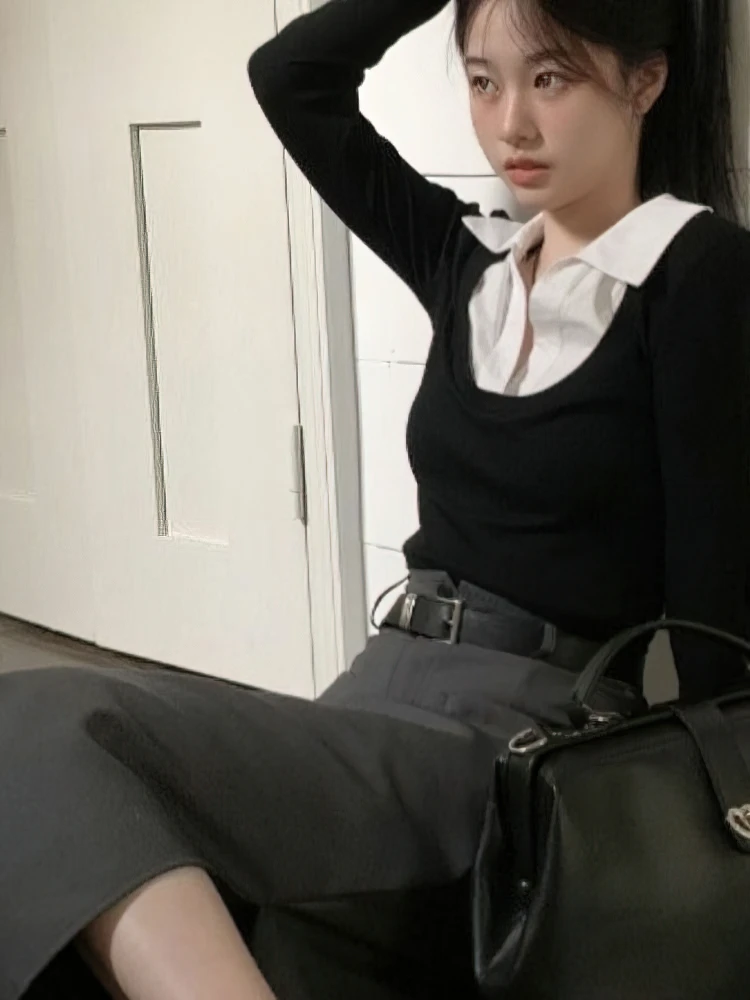 Fake Two-piece Long sleeve Cropped T-Shirt With Collar Women Sexy Body Polo Neck Crop Top Spring Fall Basic Tee Lady Korean New