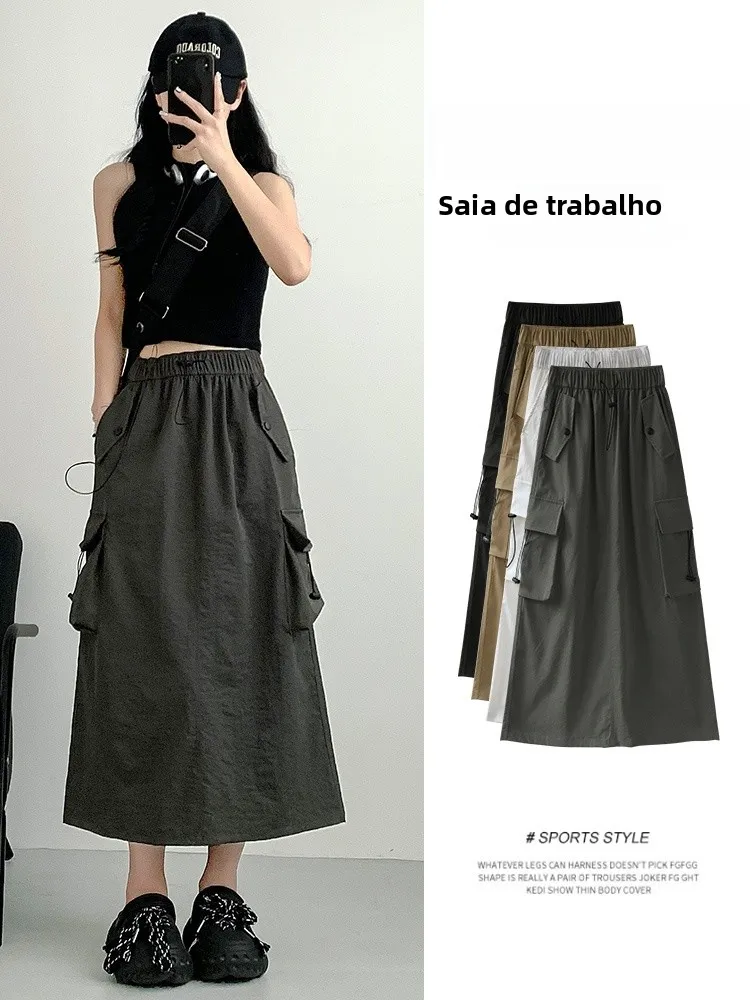 Saia Feminina Americana Retrô Estilo Workwear Cintura Alta Evasê Plus Size Cinza Efeito Emagrecedor Comprimento Midi Moda Pri...