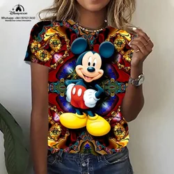 Yeni Mickey Mouse Anime kadın yuvarlak boyun T-Shirt gevşek yönlü Tank Top 2023 yaz Mickey ve Minnie karikatür baskı üst 2K