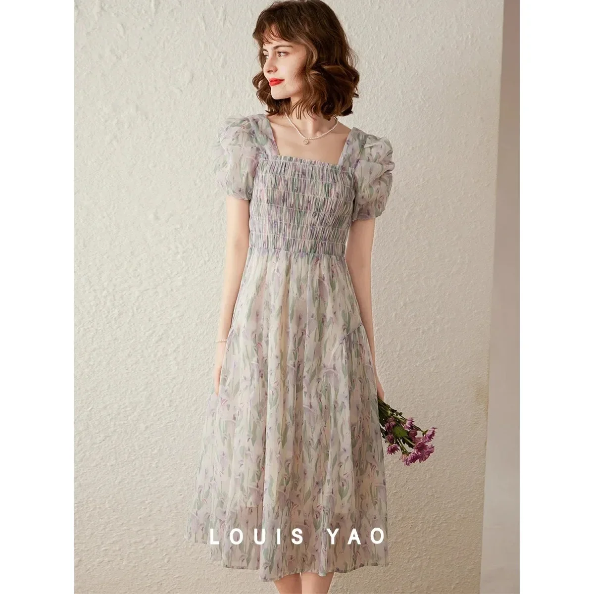 

Romantic Fresh Square Neck Floral Dress Slim Retro Earrings Pod Short Sleeve Women's Long Dresses Female Clothing Summer 2025