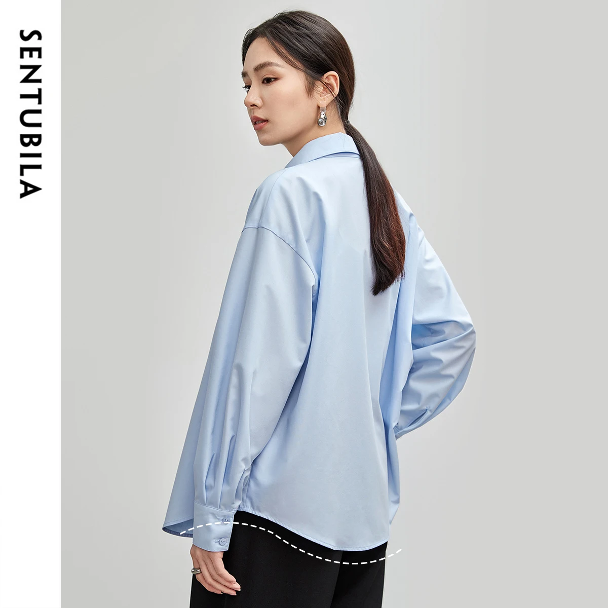 SENTUBILA, camisa informal para mujer, otoño 2025, estilo coreano, blusas holgadas de manga larga con bordado de plantas, blusas azules de un solo pecho 143C56002