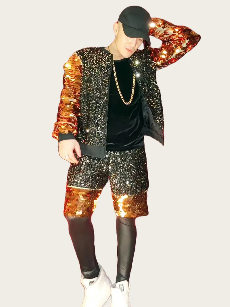 New Men fashion Black Gold Mirror Colorful Jacket costumes Party Show Hip hop baseball clothes Nightclub Singer DJ Wear