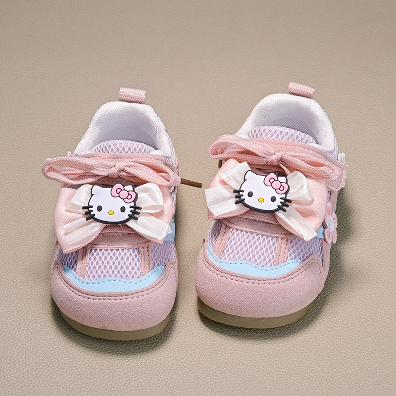 

Детская повседневная обувь из искусственной кожи с рисунком Hello Kitty для девочек, противоскользящие уличные кроссовки с бантом, розовые, размер 22-31