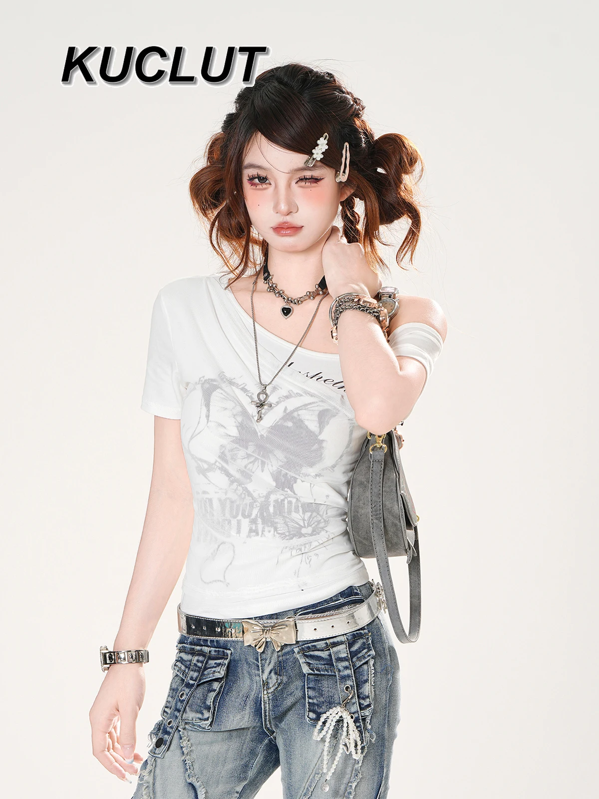 

Short Sleeve Tshirt Off-Shoulder T-Shirt Sweet and Cute Fashion Simple Women's Tees Summer Waist Skinny Girl Casual Top