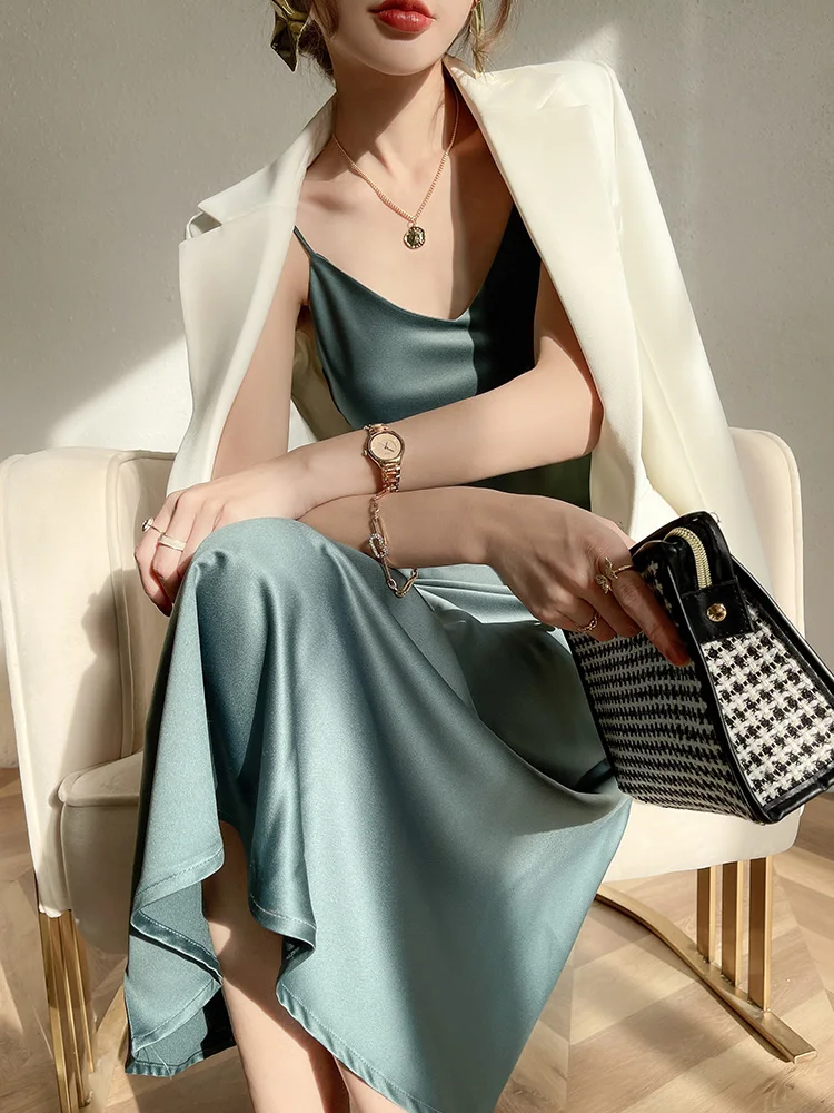 Silk Satin Strap Dr Women's Spring Summer Inner Match Suit Vinegar Long Design Sensation Slimming A-Line Skirt Dr