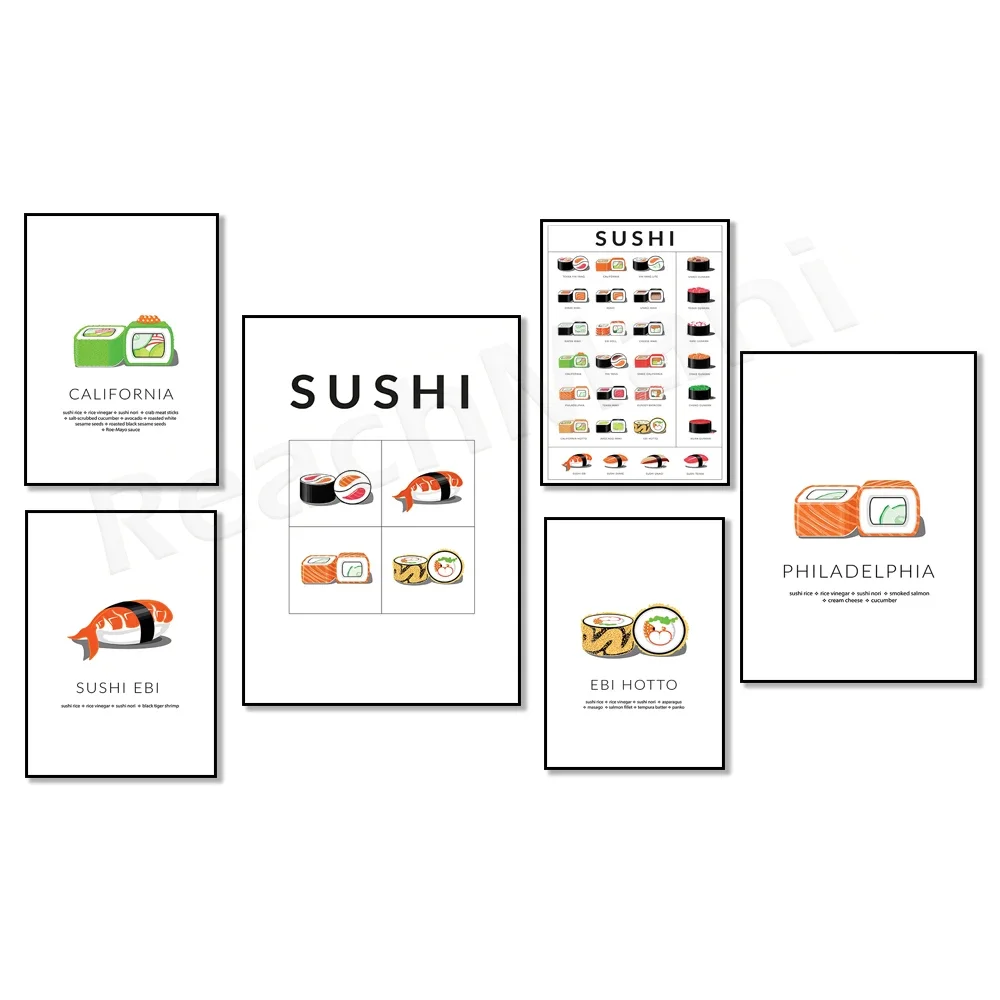 Sushi Poster, Sushi Variation, Sushi Illustration, Sushi California Kitchen Art Canvas Painting Living Room Decor Sushi Gifts