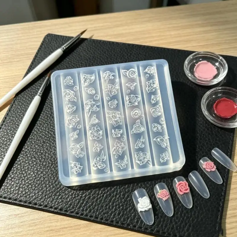 1Pcs Rose Flowers Silicone Nail Mold Sweet Nail Art Transparent Stencils 3D Nail Charms Nail Art Decorations