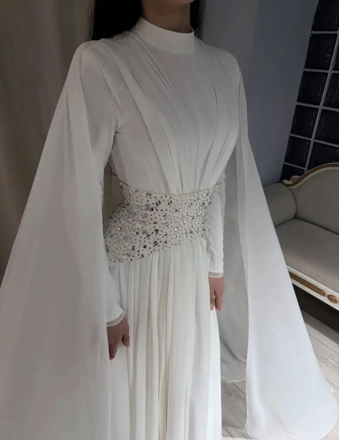 White Crystals Long Sleeves Evening Dress Elegant High Collar Prom Dresses Formal Wedding Party Dress For Women Customized image 3