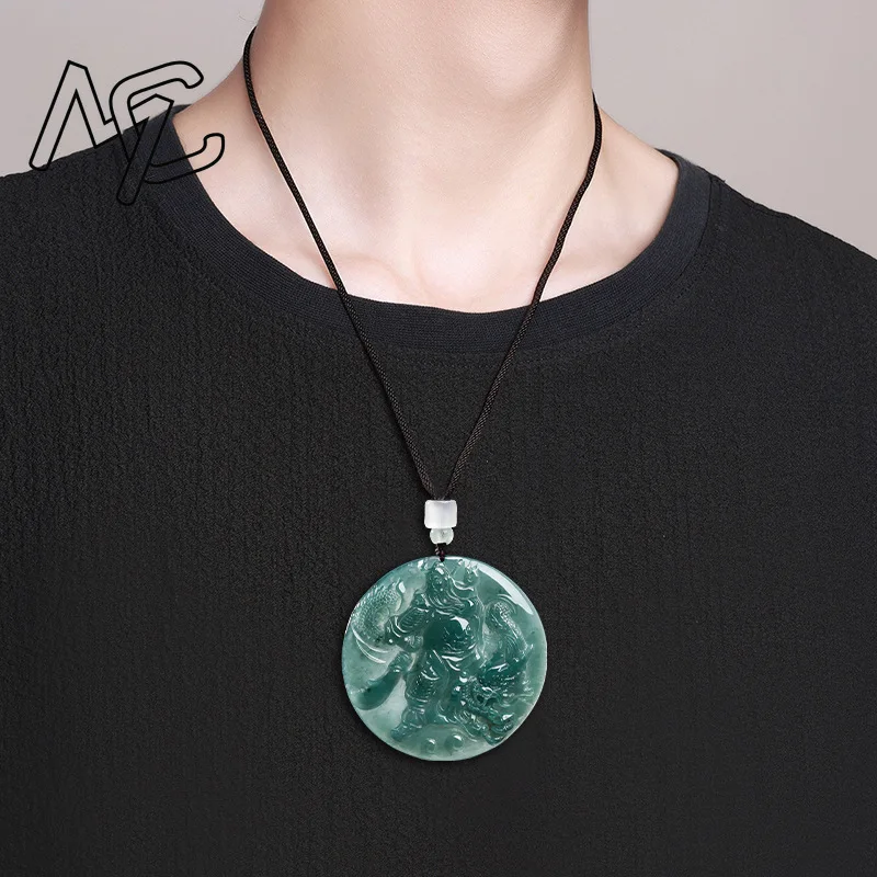 Natural Real Emerald Jade Blue Water Control Dragon Lord Guan Pendant Necklace Carved Jadeite Jewelry Amulet Gifts Certificate view 4