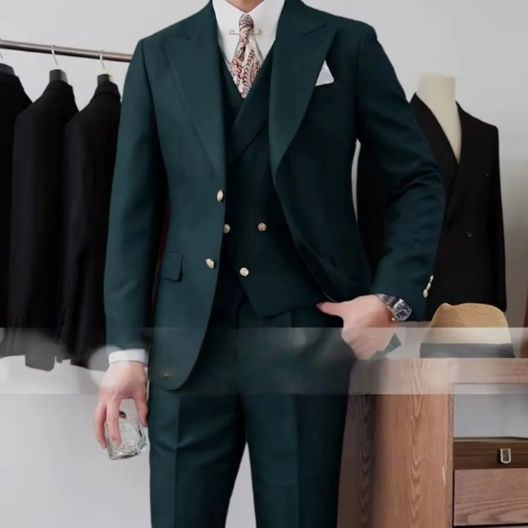

CustomizedNavy blue formal men's suit 3-piece set peak lapel blazer vest pants slim fit set for wedding groom ball dinner party,